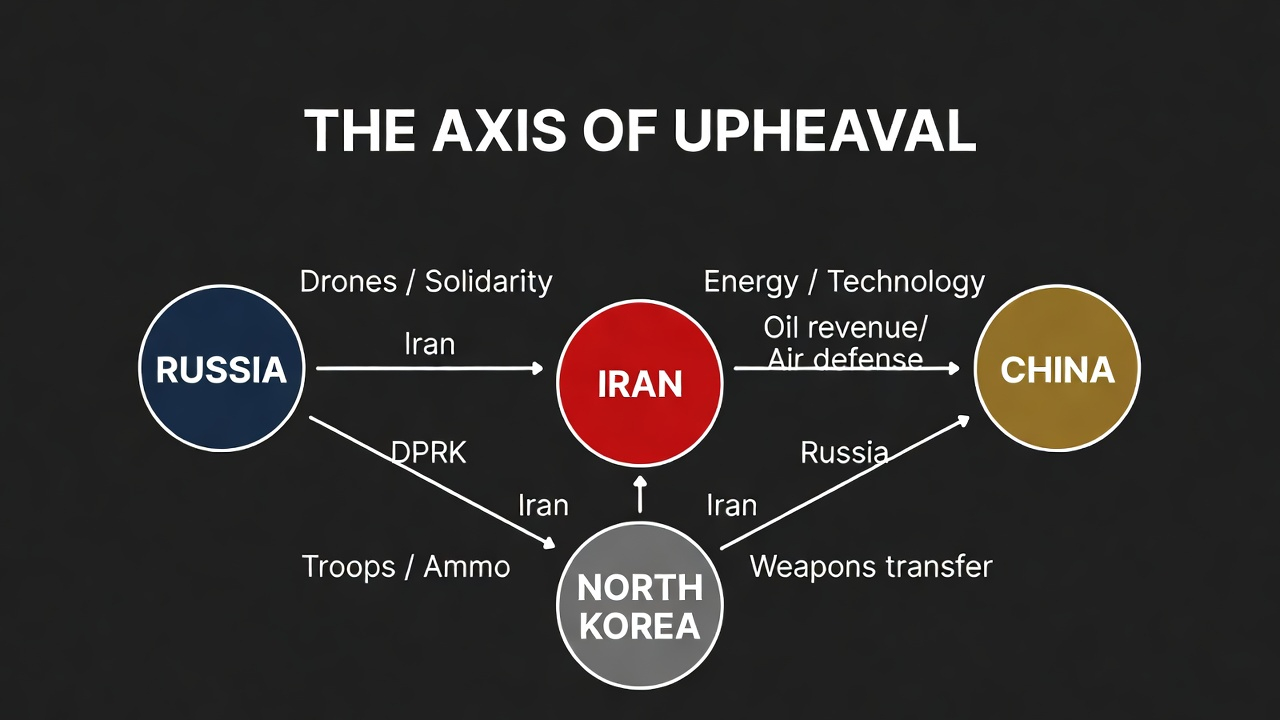 The Axis of Upheaval diagram — Iran Russia China North Korea connections