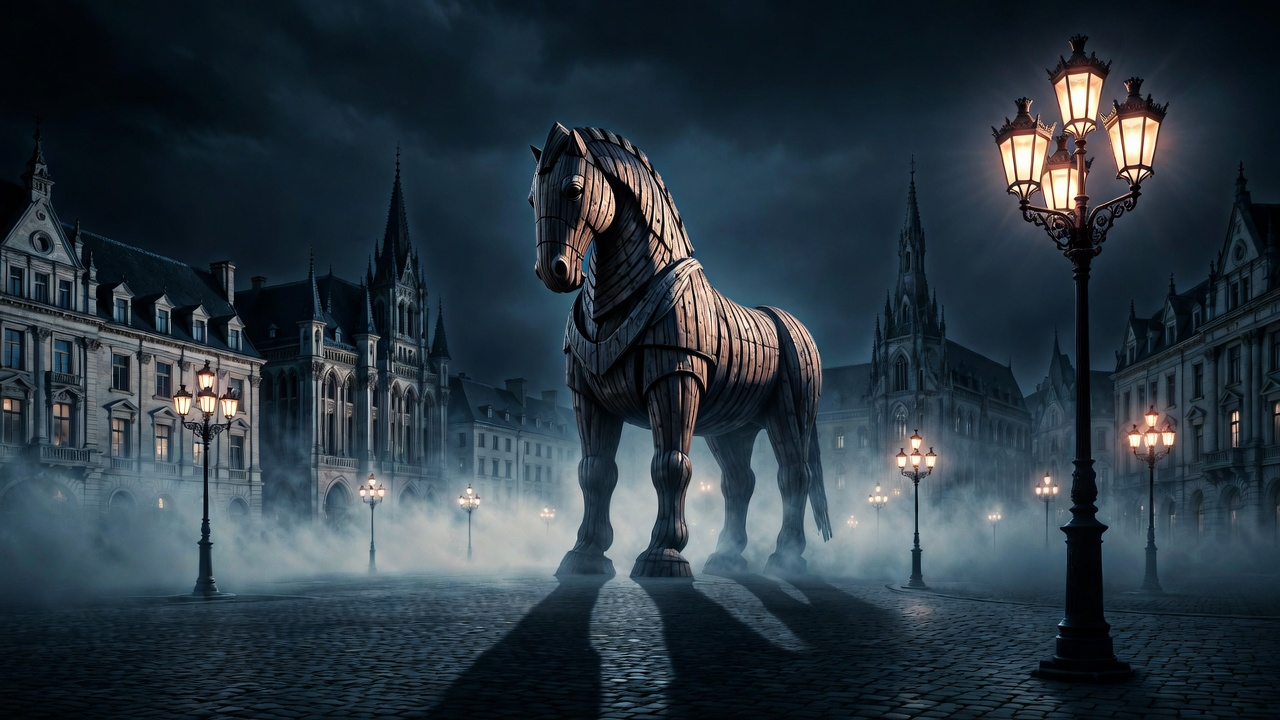 Trojan Horse in European city night