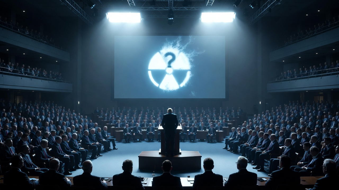 Speaker at podium before massive audience with nuclear symbol on screen