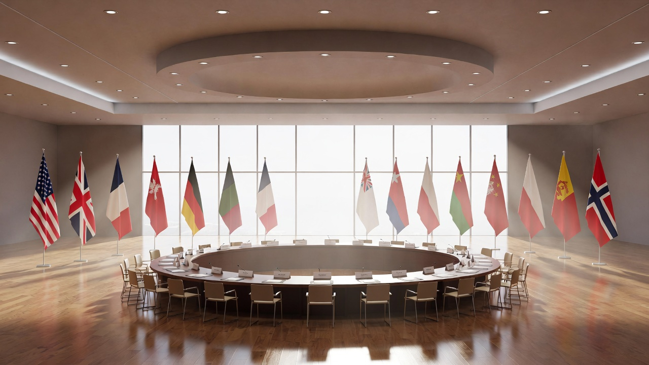 NATO summit round table with international flags