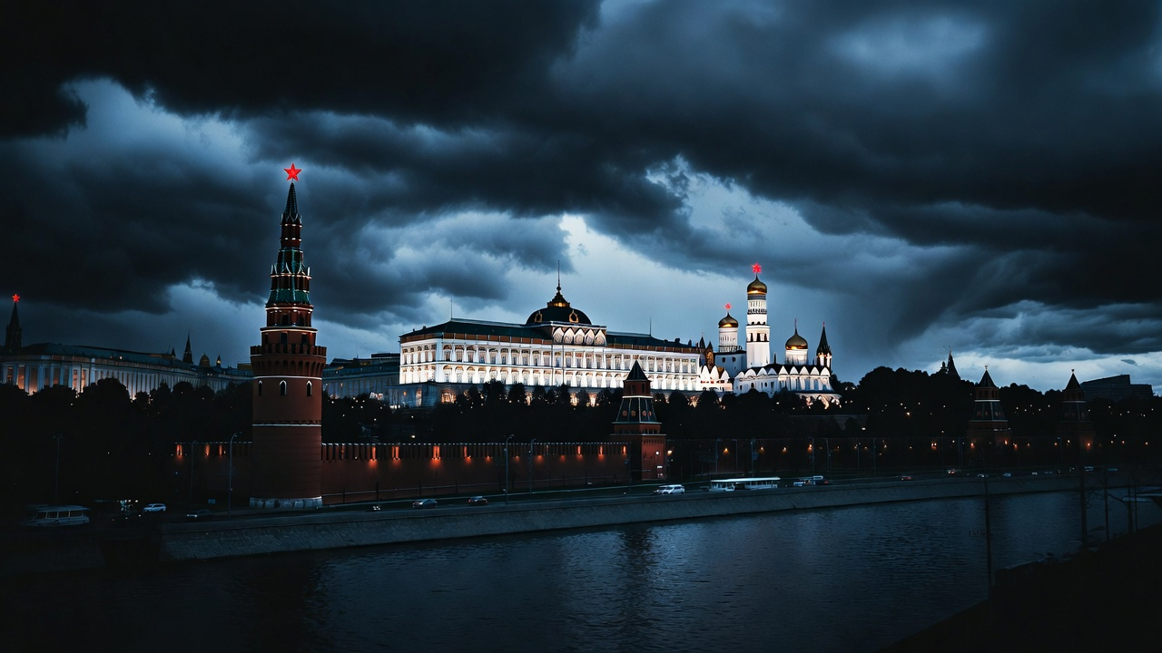 Moscow Kremlin dark storm clouds