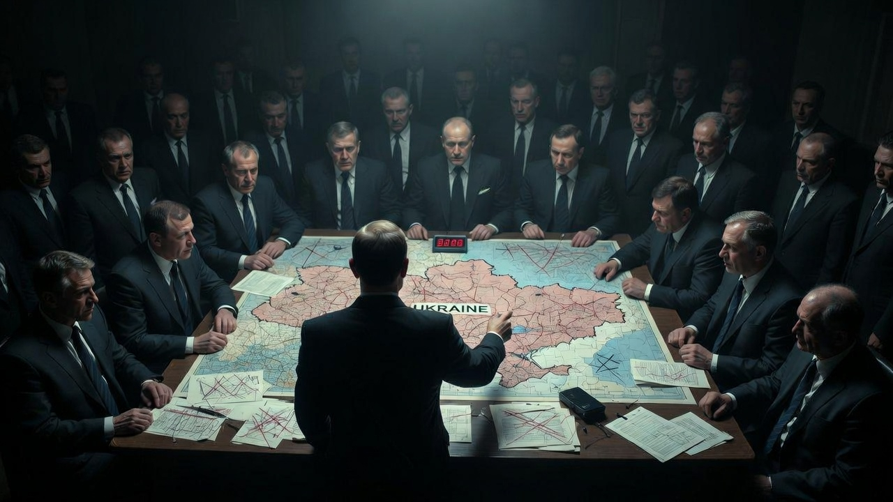 Dark war room with men in suits around a map of Ukraine with red crosses