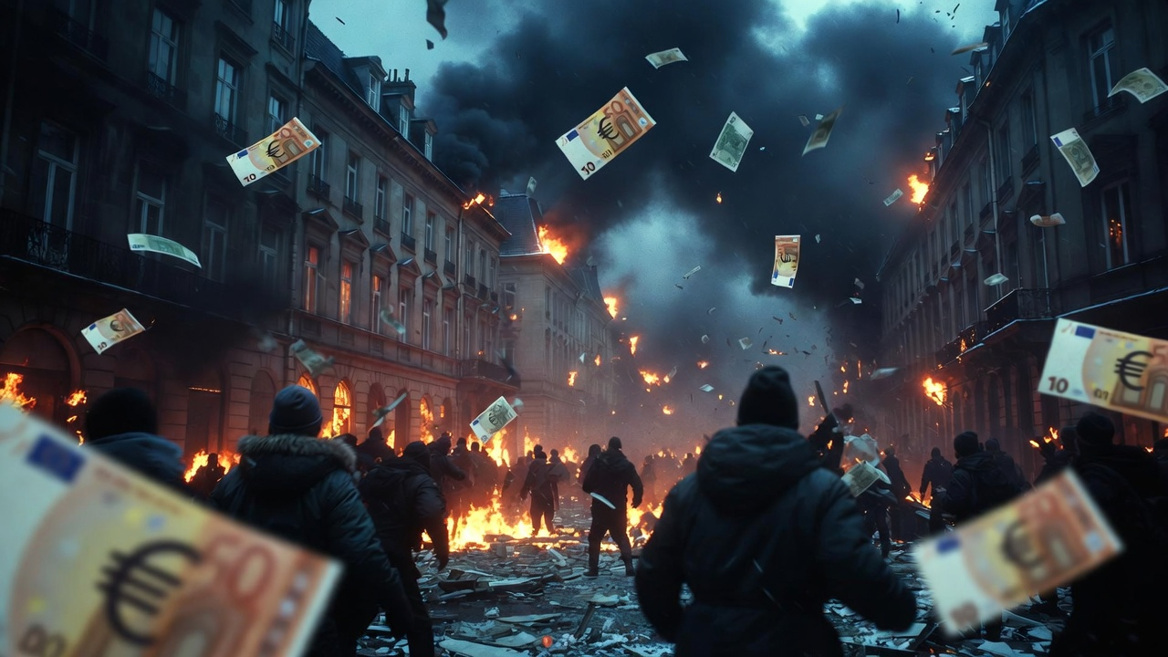 European city burning with euro banknotes flying through the air