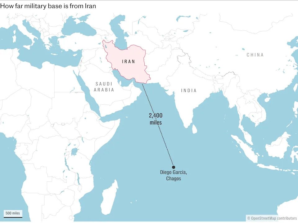 Map showing distance from Iran to Diego Garcia — 2400 miles