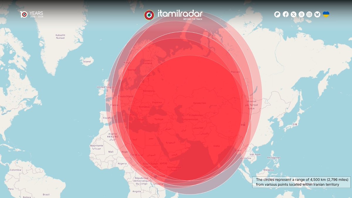 Map showing Iranian missile range of 4500km covering all of Europe