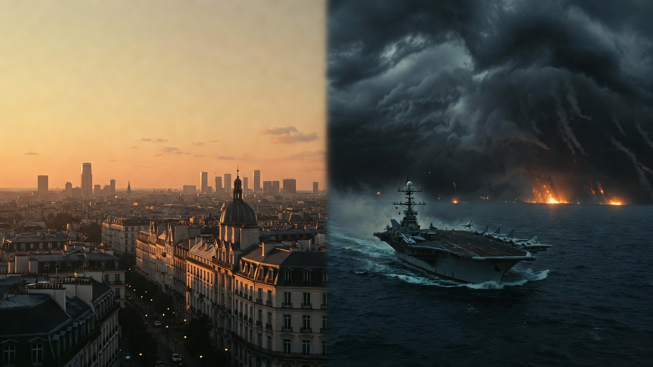Split image — Paris at sunset left, US aircraft carrier in combat right