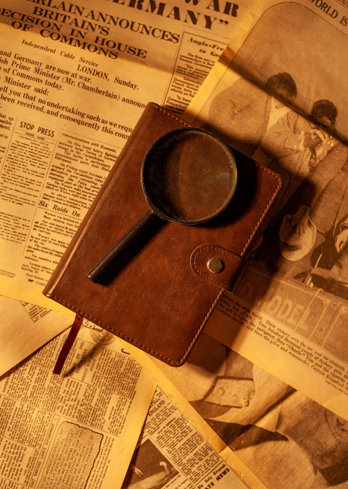 A leather journal and magnifying glass placed on vintage newspapers, evoking a nostalgic study ambiance.