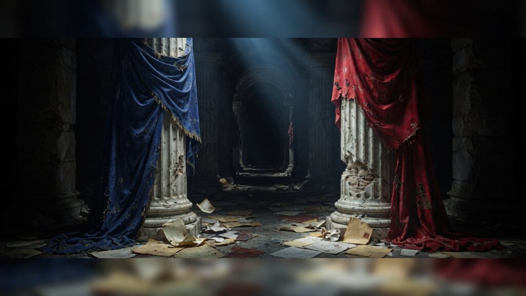 Two monumental columns — blue and red — crumbling corridors of American political power