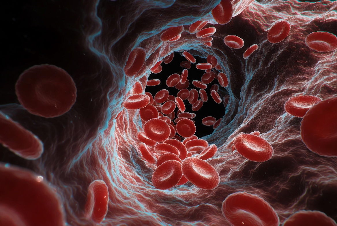 Red blood cells flowing through a vessel — cinematic macro of the human bloodstream.