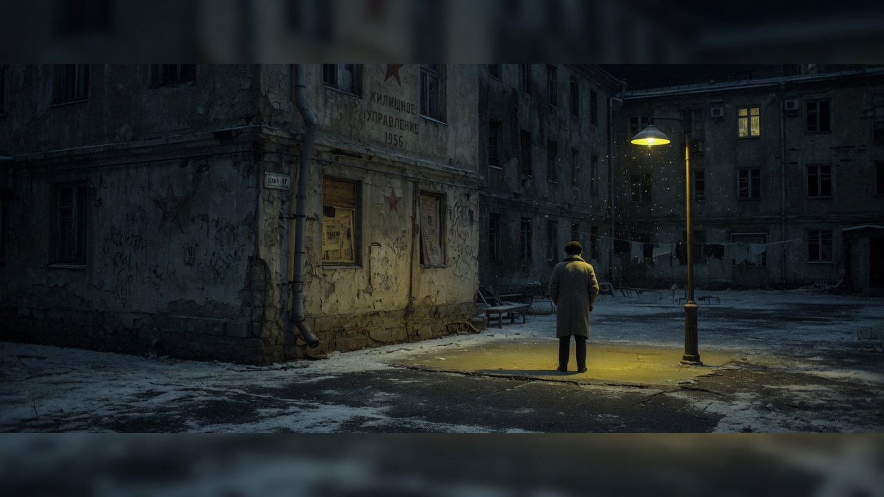 A figure on a dark cold Leningrad street in a courtyard