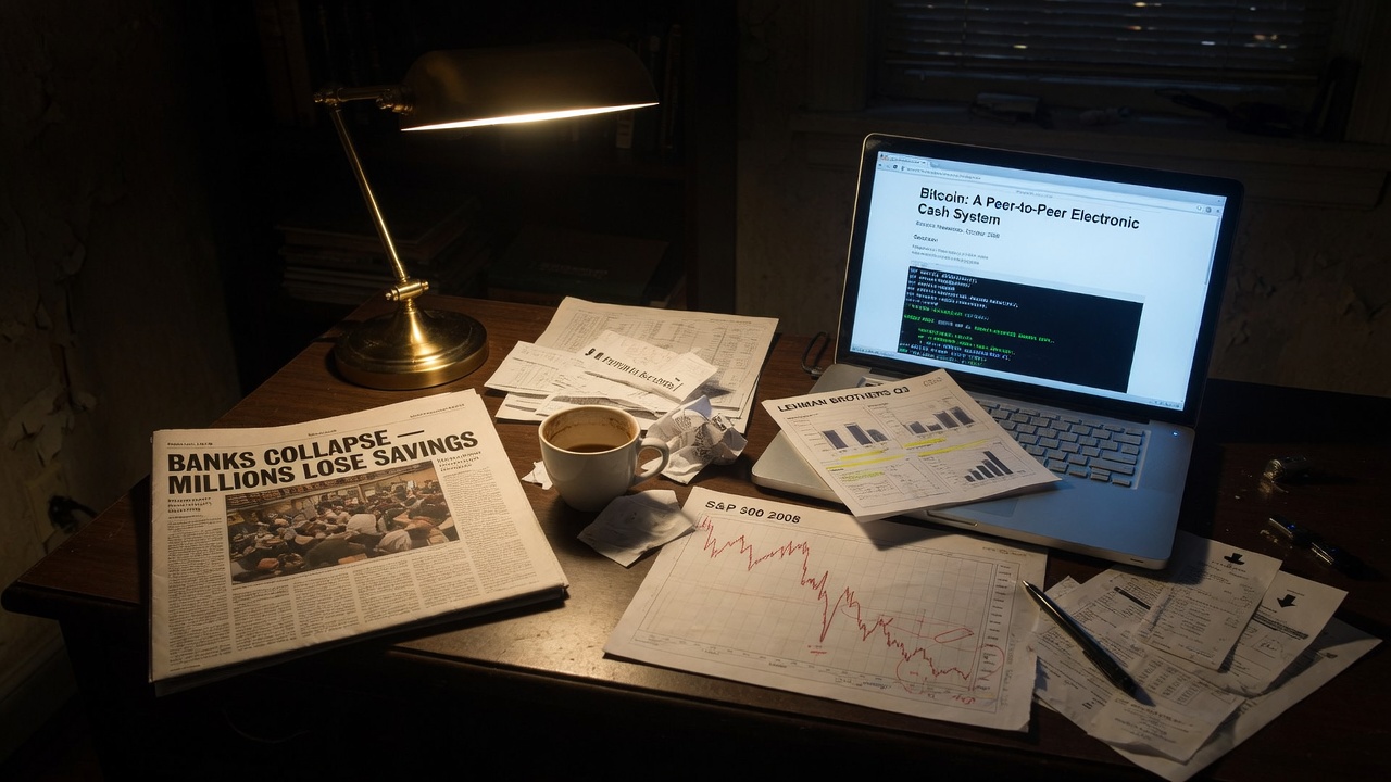 Late night desk in 2008 — banking crisis newspaper alongside Bitcoin whitepaper