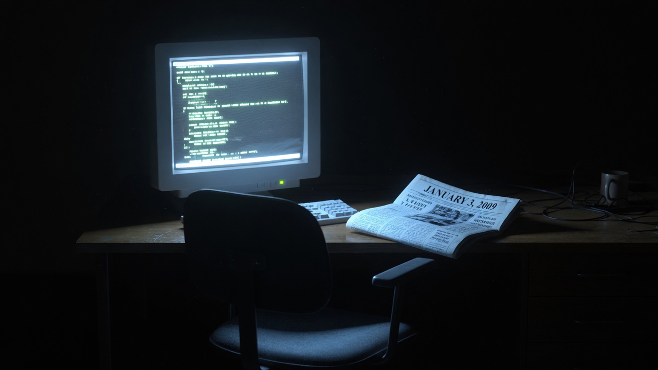 Empty chair before a glowing screen — Satoshi's presence through absence