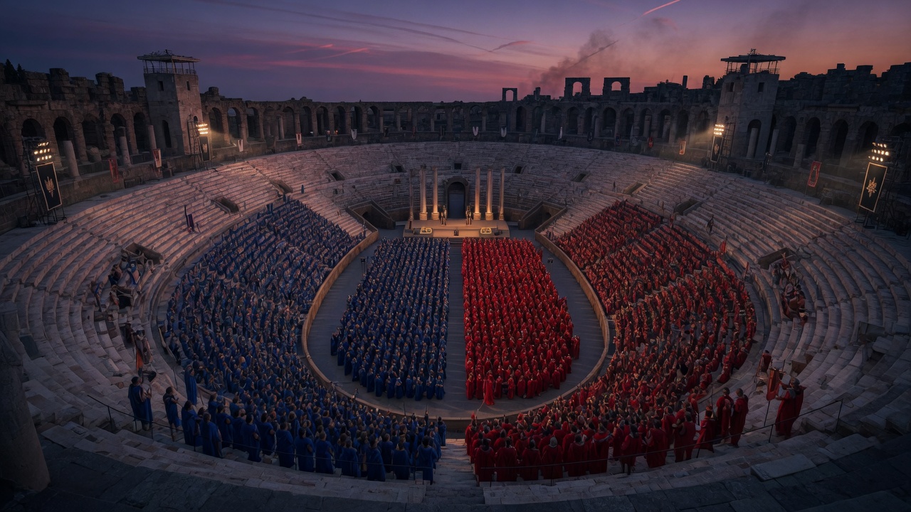 A vast classical amphitheater divided perfectly down the center — the architecture of a two-party system