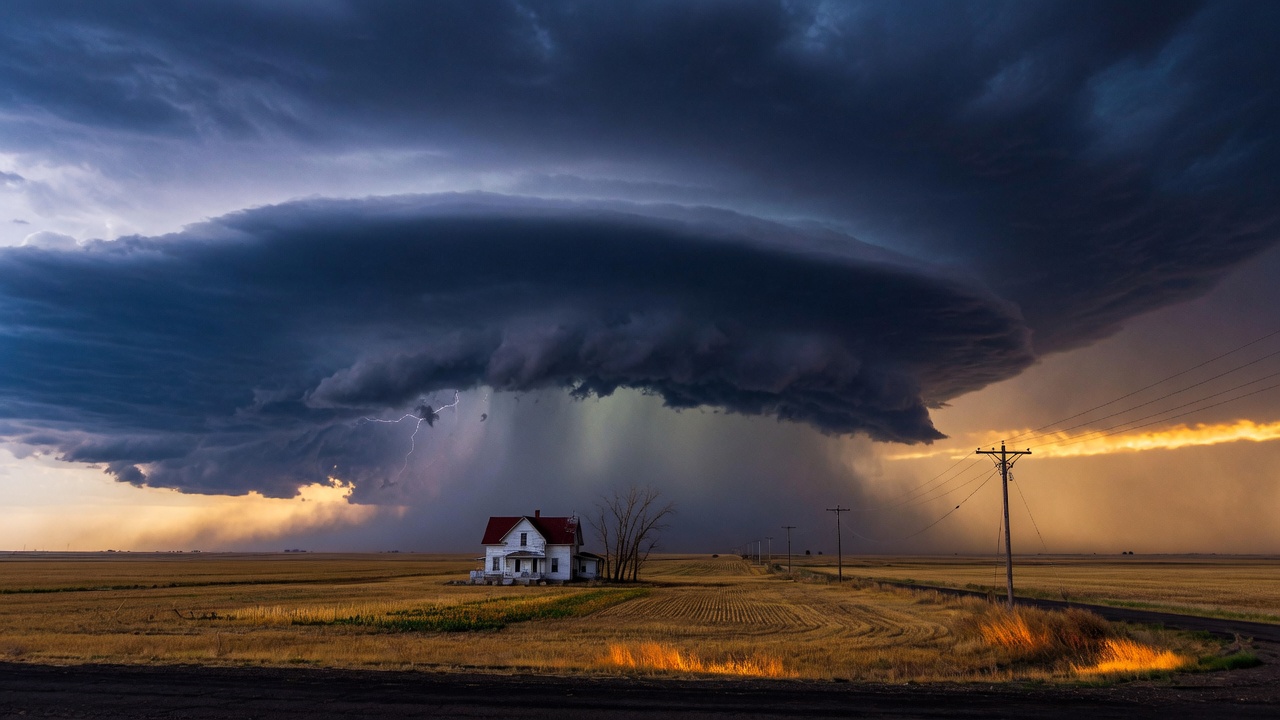 Storm system over American Midwest landscape