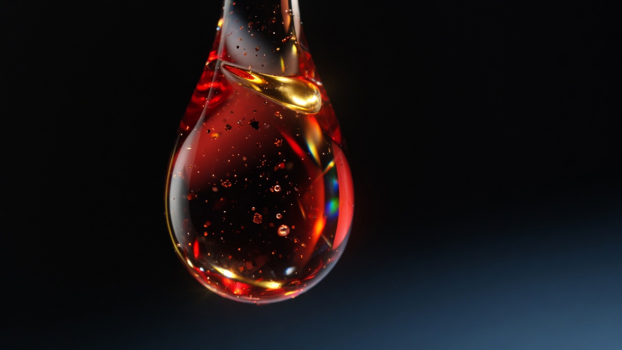 A single drop of blood suspended in darkness — a macro freeze-frame of viscoelastic motion.