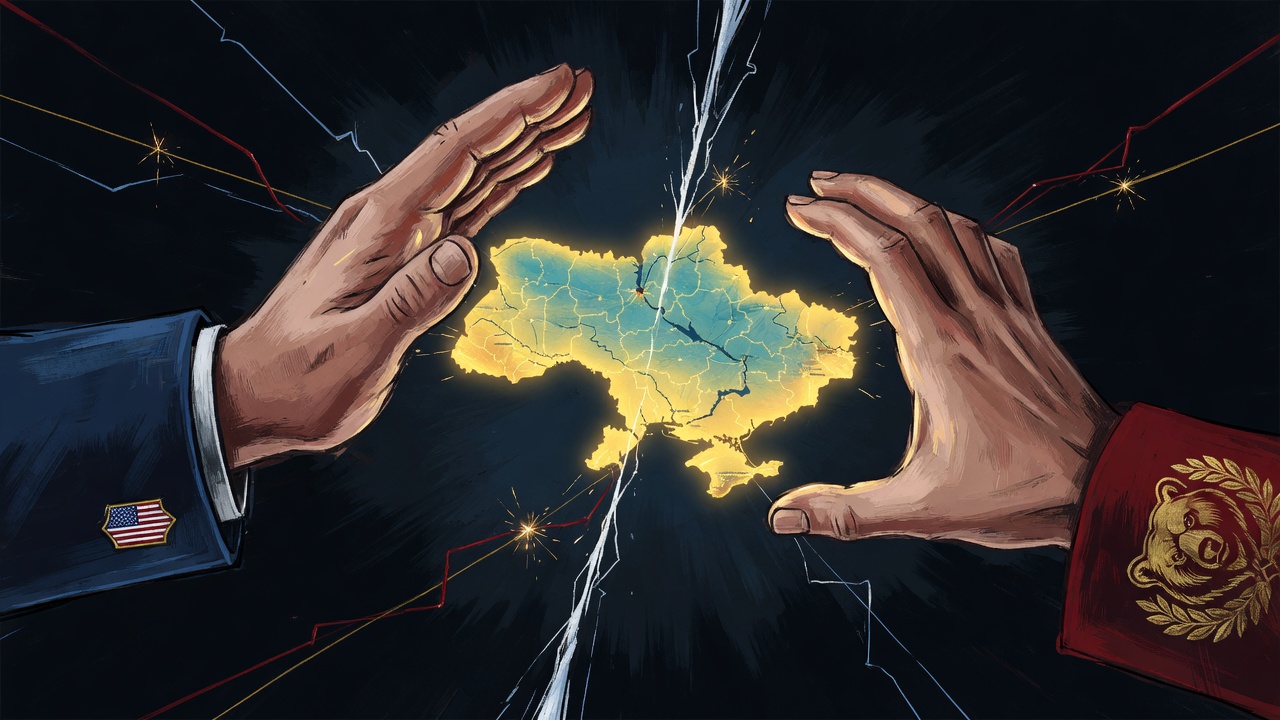 American and Russian hands over glowing map of Ukraine