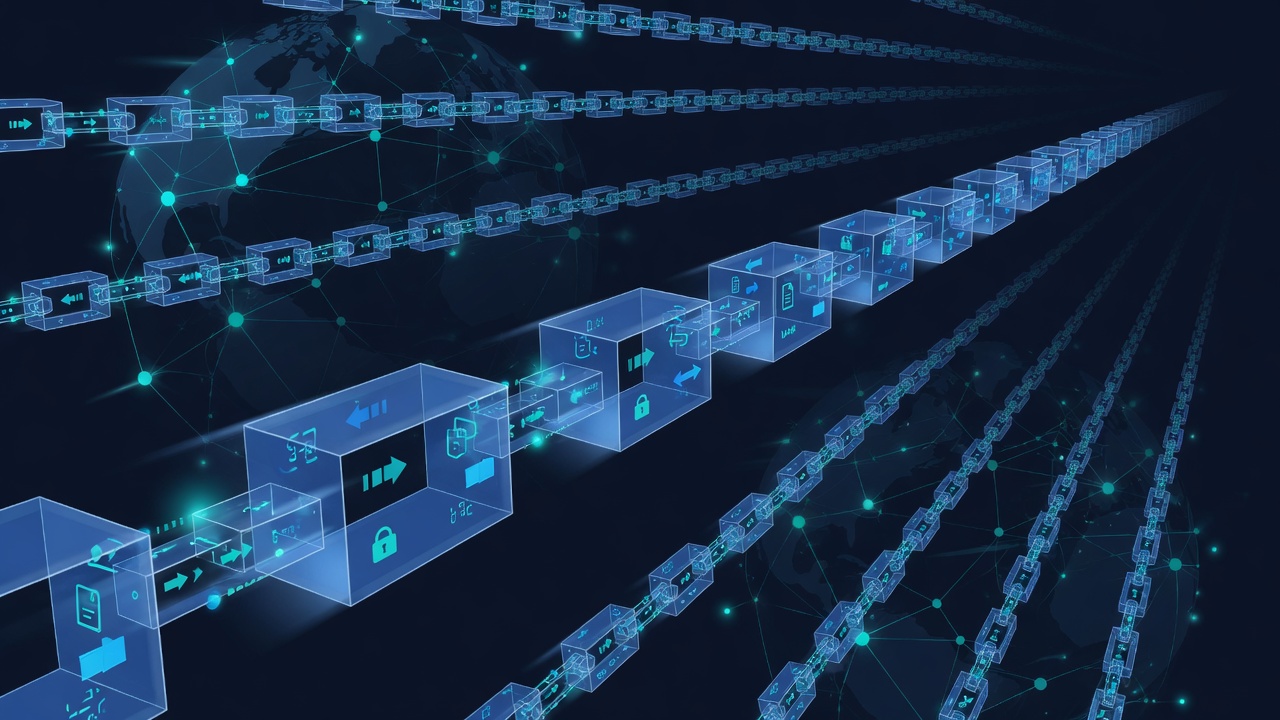 3D blockchain of glowing blue blocks with thousands of identical copies representing decentralization