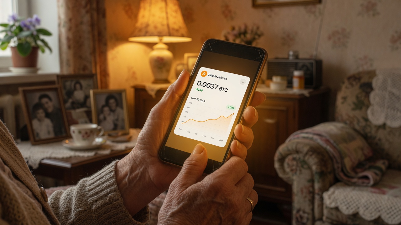 Elderly woman's hands holding a phone showing a Bitcoin wallet — financial security without borders