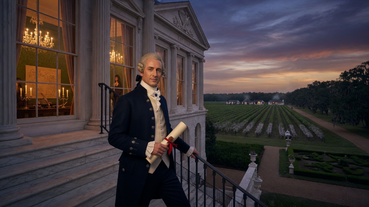 An 18th-century aristocratic figure on the steps of a plantation mansion — Jefferson's populism concealing elite interests