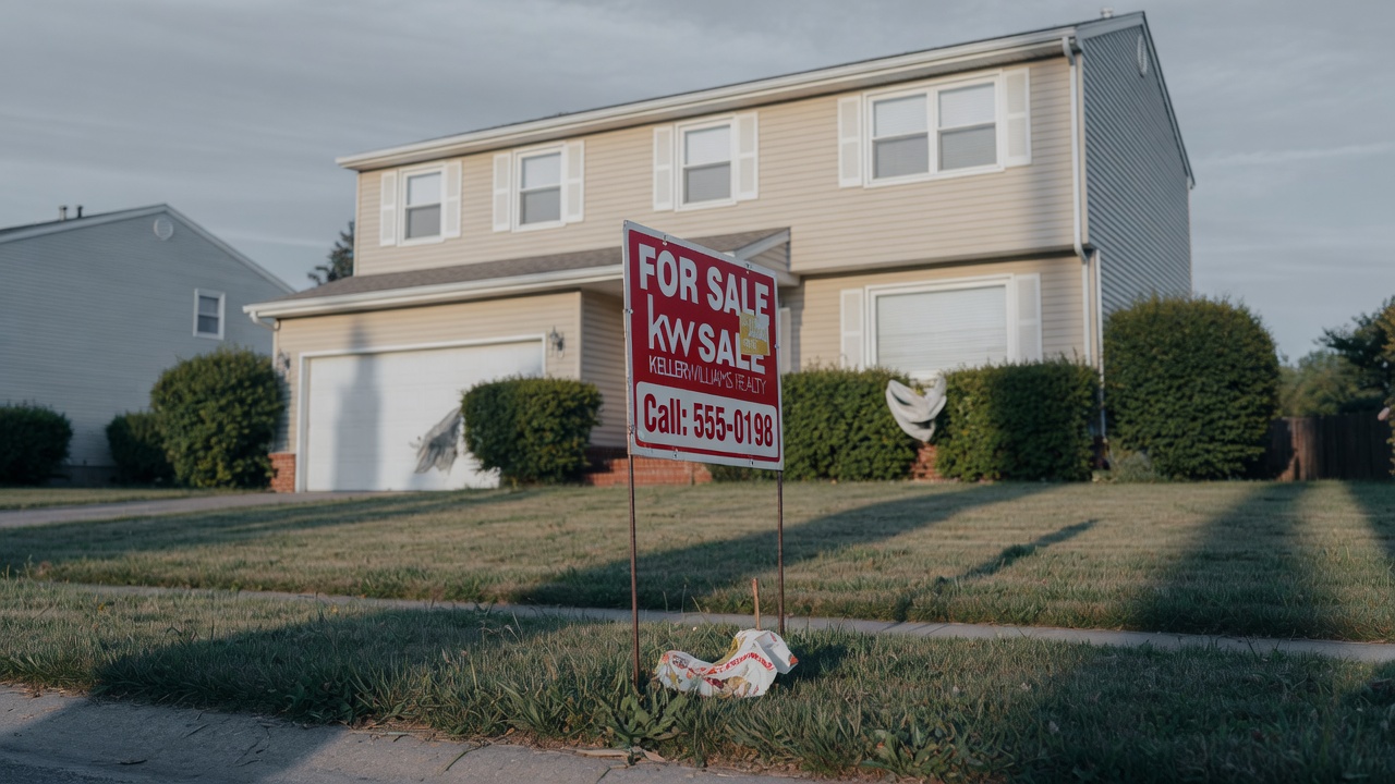 For Sale sign in front of American suburban home