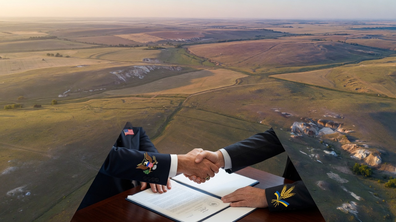 US-Ukraine critical minerals deal handshake over Ukrainian landscape