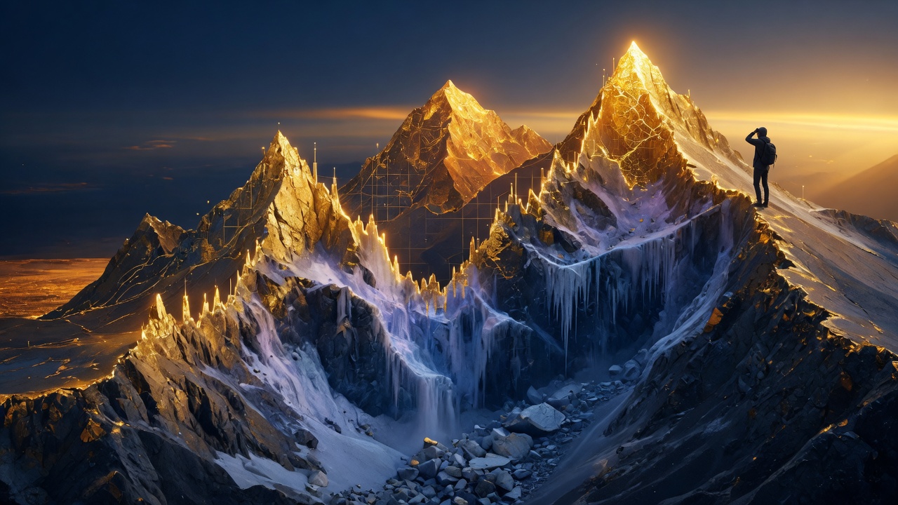 Bitcoin price chart rendered as epic mountain landscape from 2009 to 2026