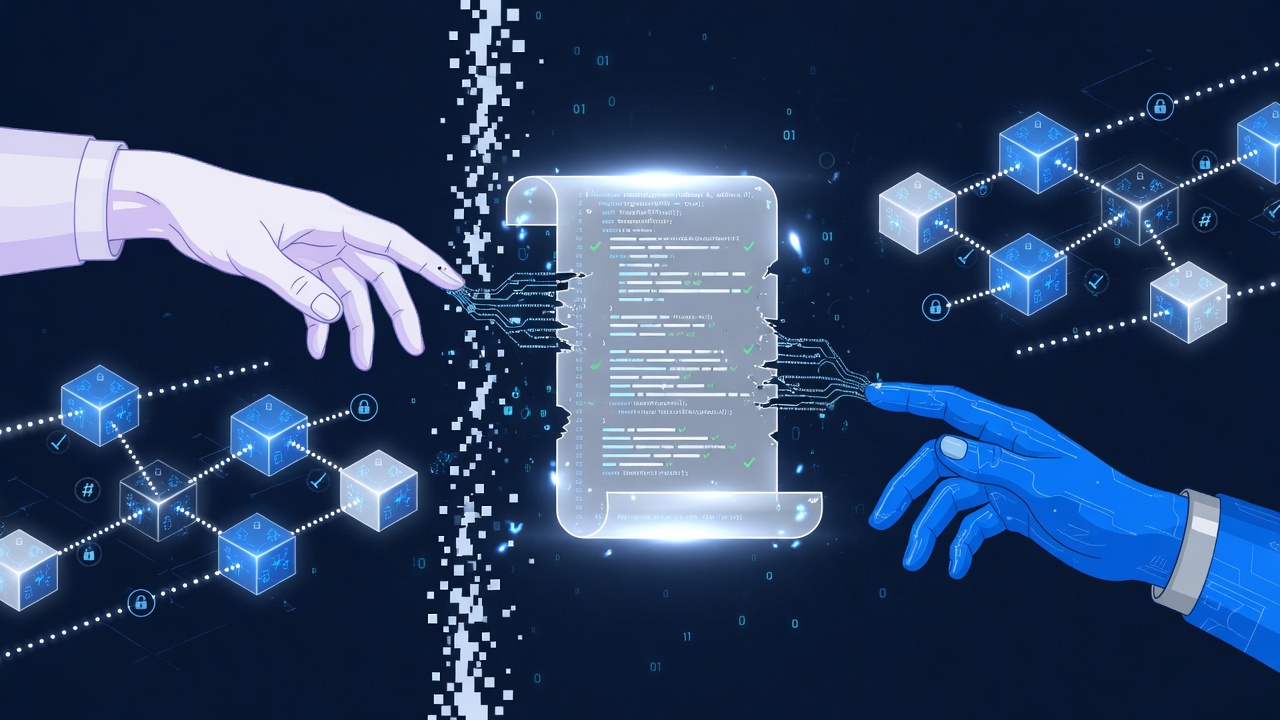 Two hands reaching toward a glowing smart contract — trust without intermediaries