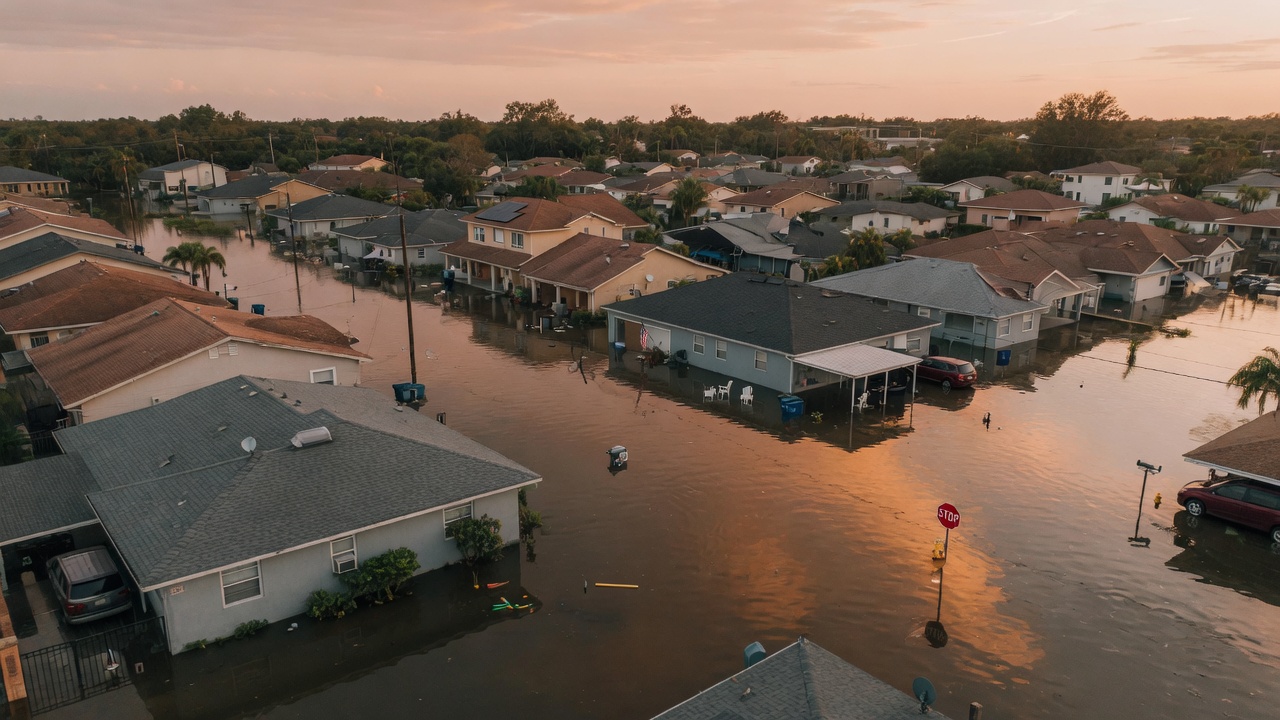 Flooded American suburban neighborhood aerial view