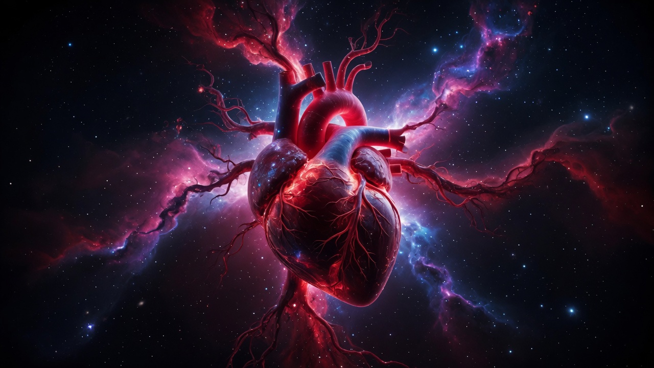 A human heart suspended in deep space — cinematic visualization of the cardiovascular system as a self-contained world.