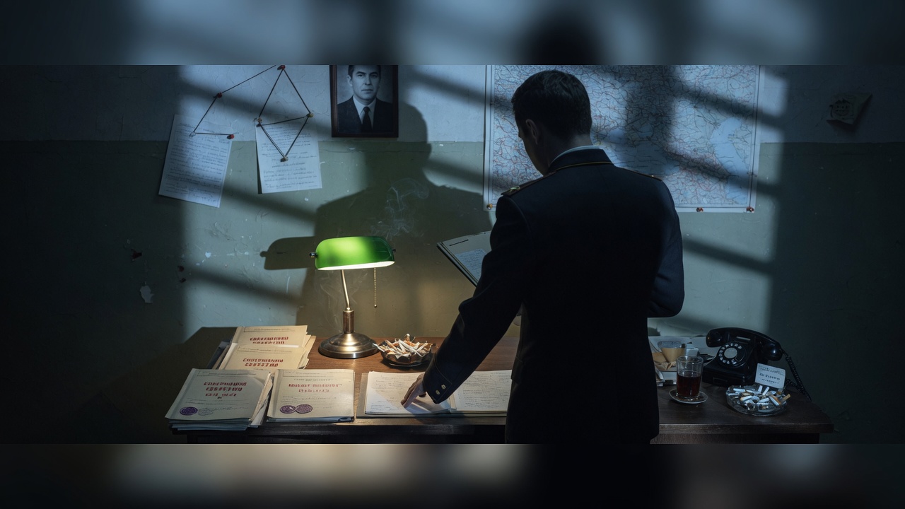 KGB office — figure in suit reading documents, back to camera