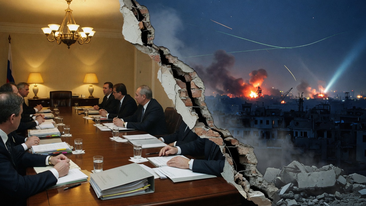 Diplomatic meeting room split by cracked wall revealing war outside