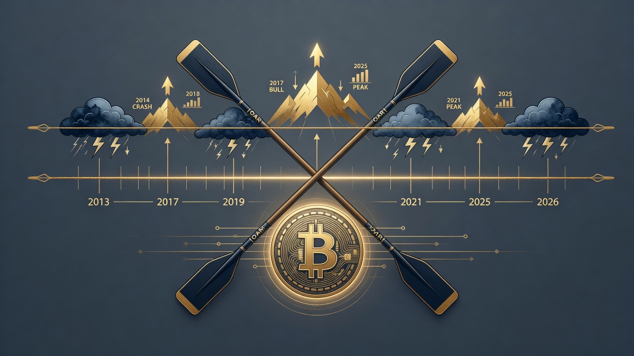 Two rowing oars over Bitcoin symbol — athletic discipline as investment philosophy