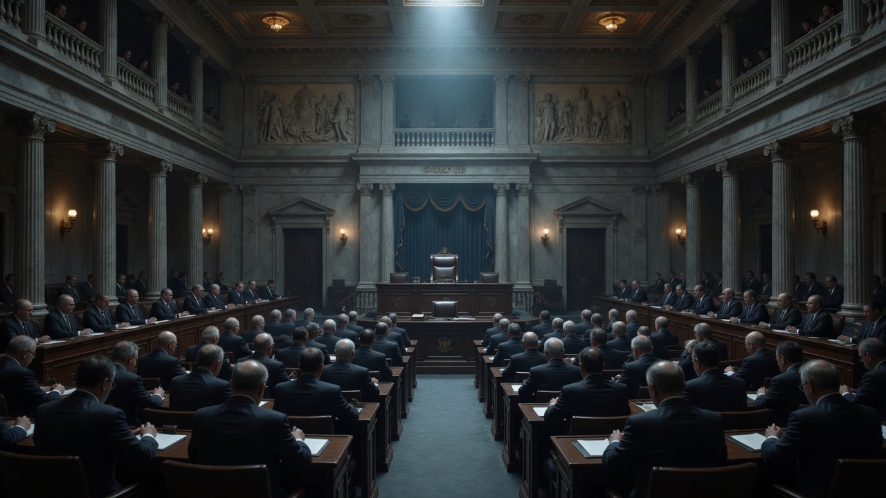 A grand government chamber filled with shadowy figures — the machinery of institutional deception