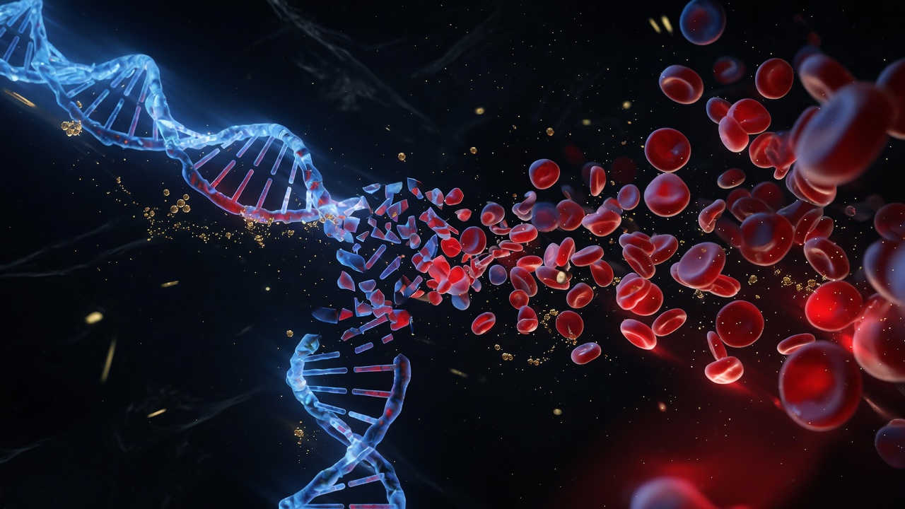 A DNA strand dissolving into red blood cells — CRISPR-driven medicine of 2025 and 2026.