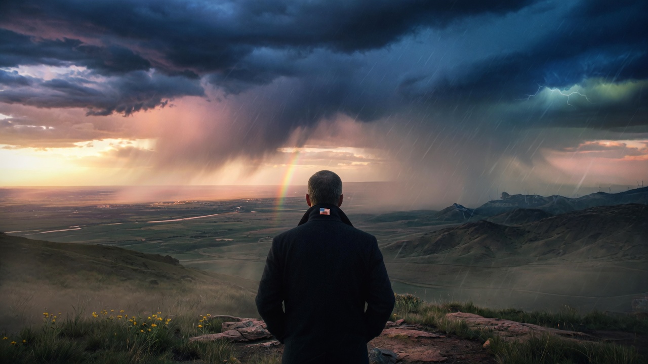 Resolute figure with American flag pin watching storm give way to light on the horizon