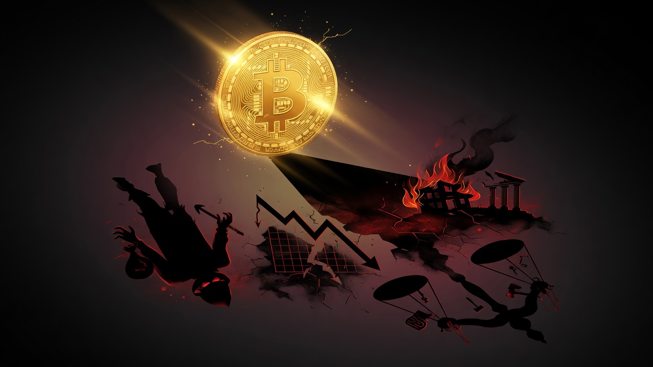 Golden Bitcoin coin casting a dark shadow revealing hidden risks and dangers