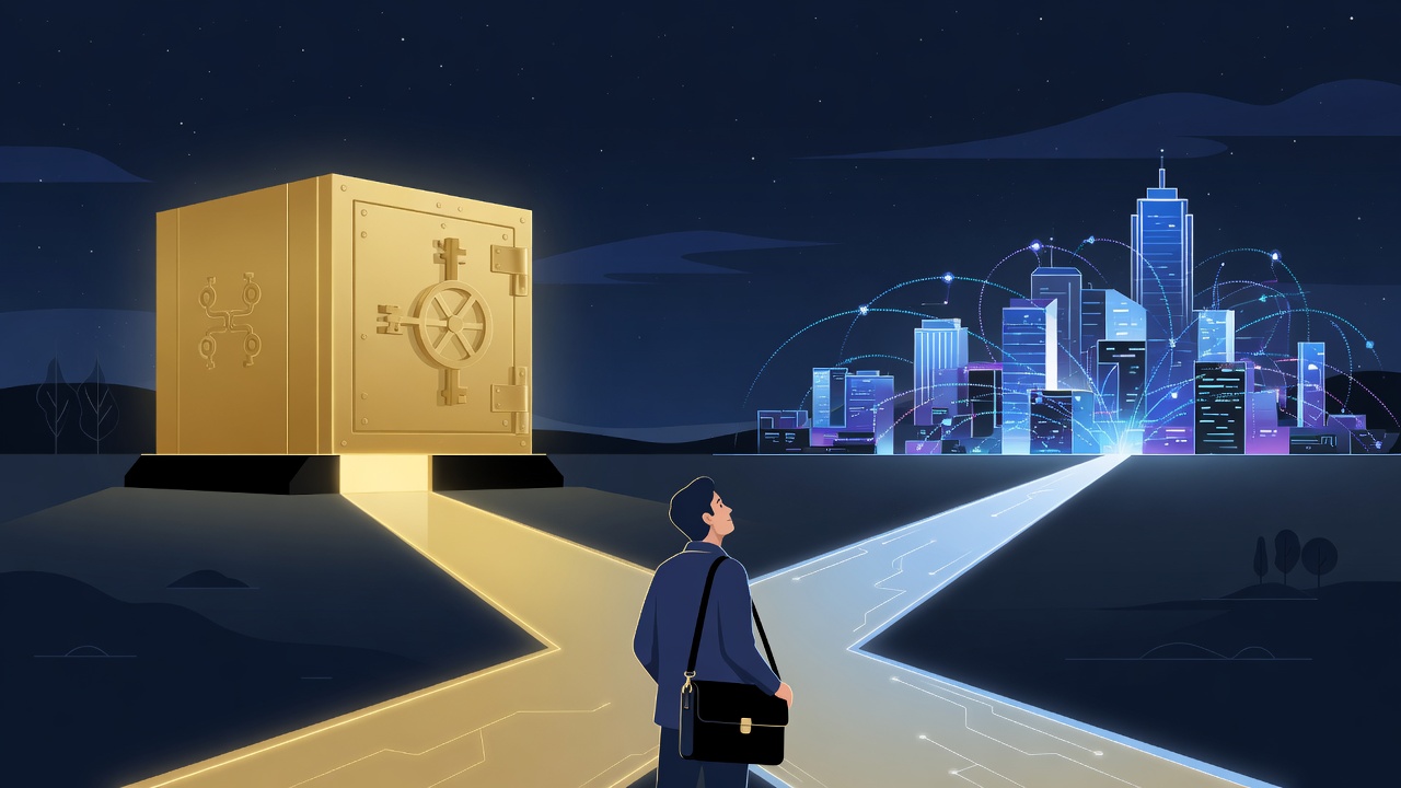 Crossroads: gold vault path versus glowing city of light — choose based on your destination