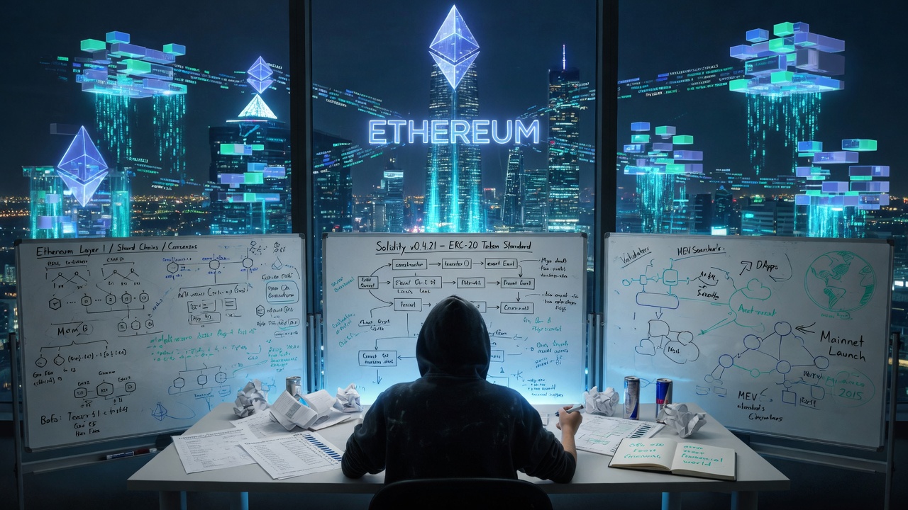 The builder's back to us, facing his creation — Ethereum city built from whiteboard diagrams