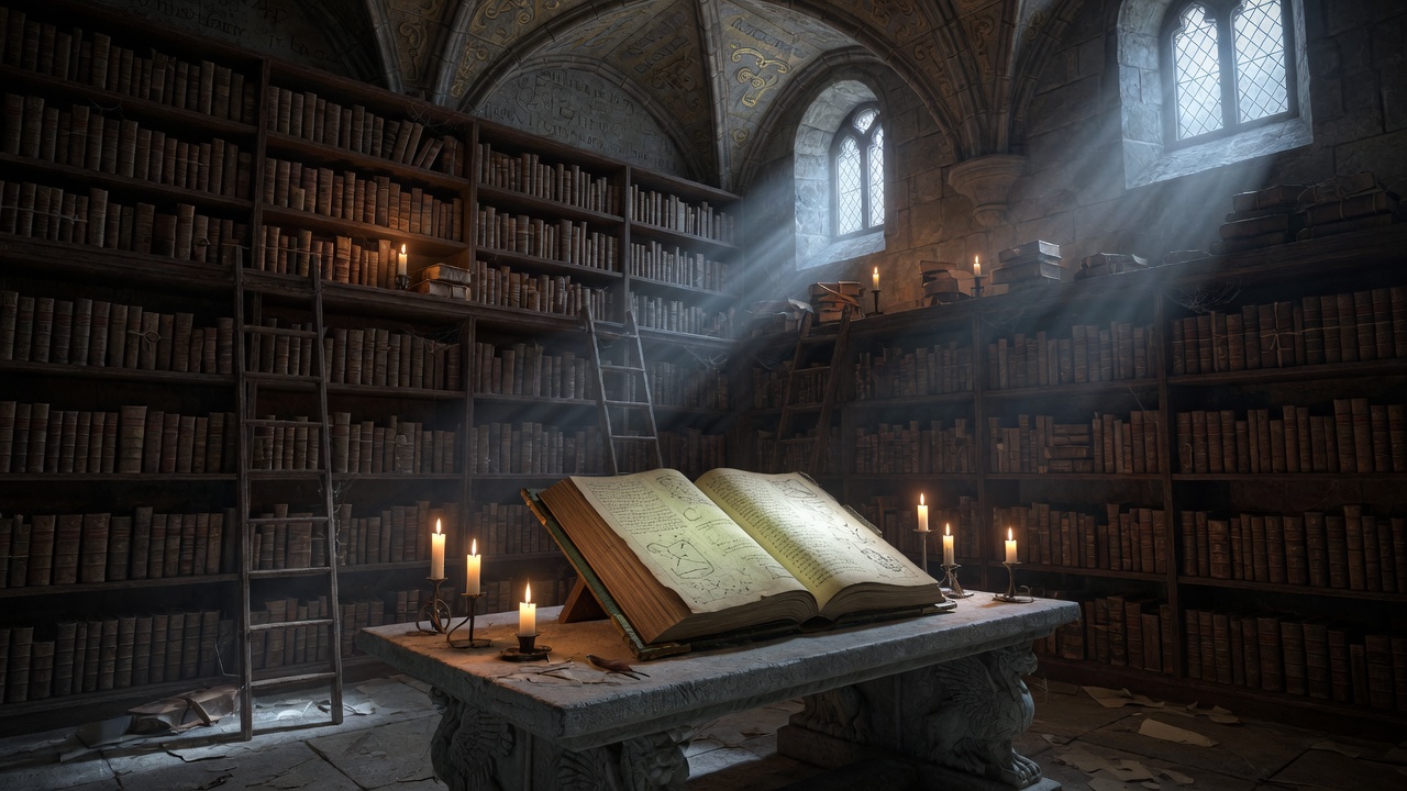 A vast ancient library with hidden books — centuries of buried political history