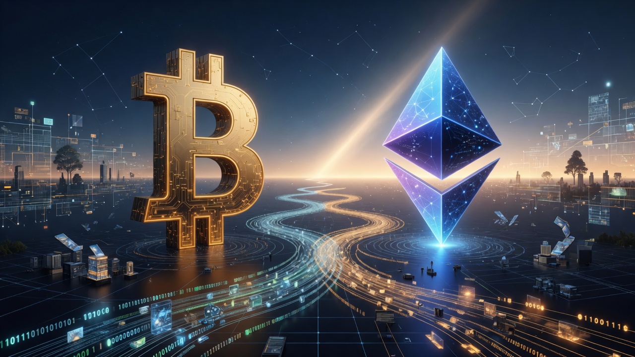 Bitcoin and Ethereum symbols standing as monuments side by side — pillars of digital finance