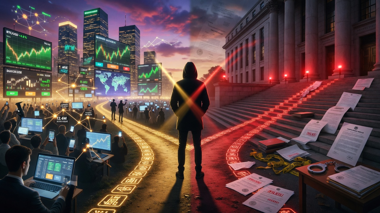 A figure at a crossroads — mass adoption on one path, courtroom steps on the other