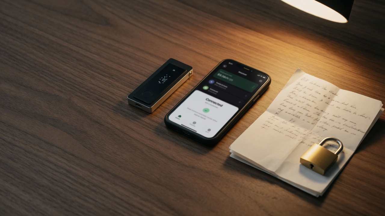Ledger hardware wallet and smartphone wallet app with seed phrase written on paper