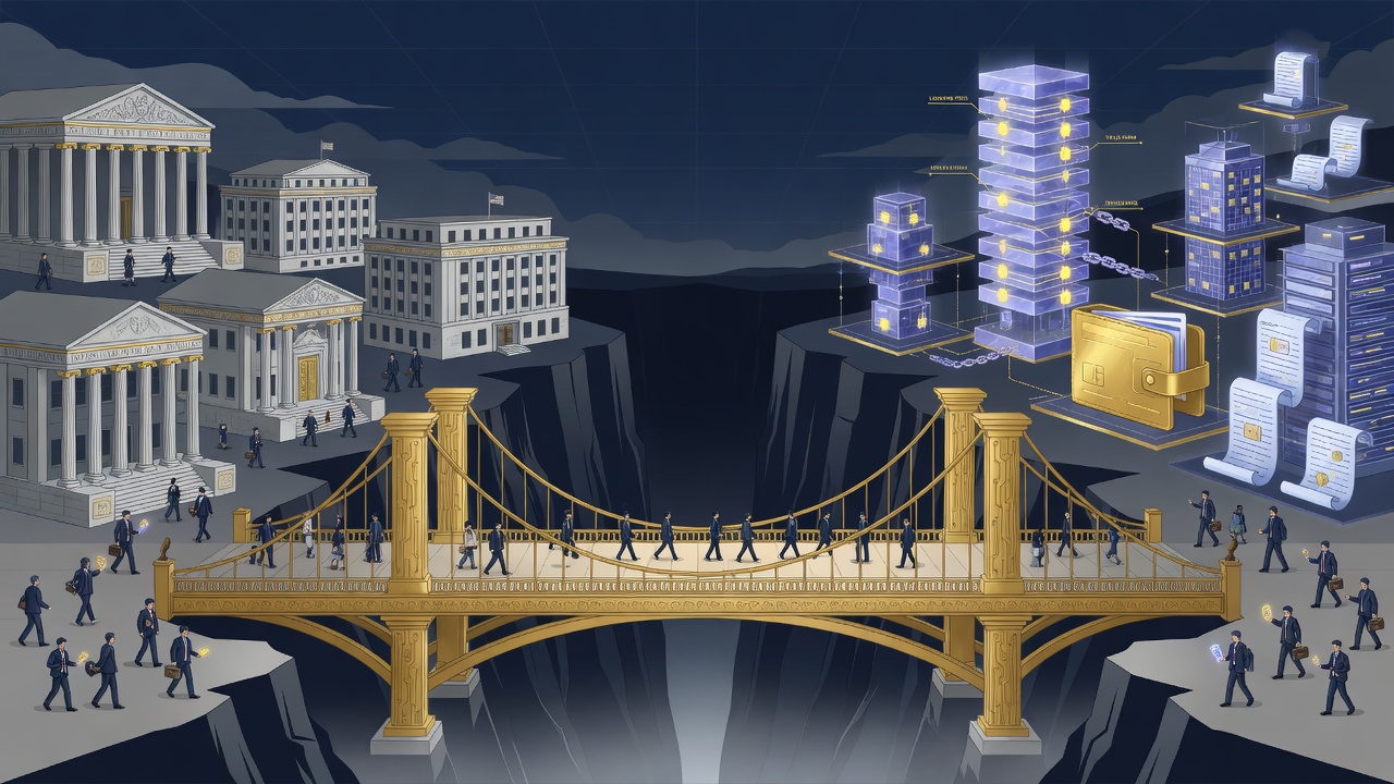 A golden bridge connecting traditional finance to the blockchain city
