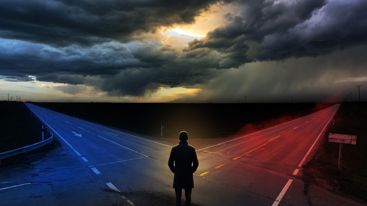 A lone figure at the crossroads of two diverging roads — the responsibility of honest journalism
