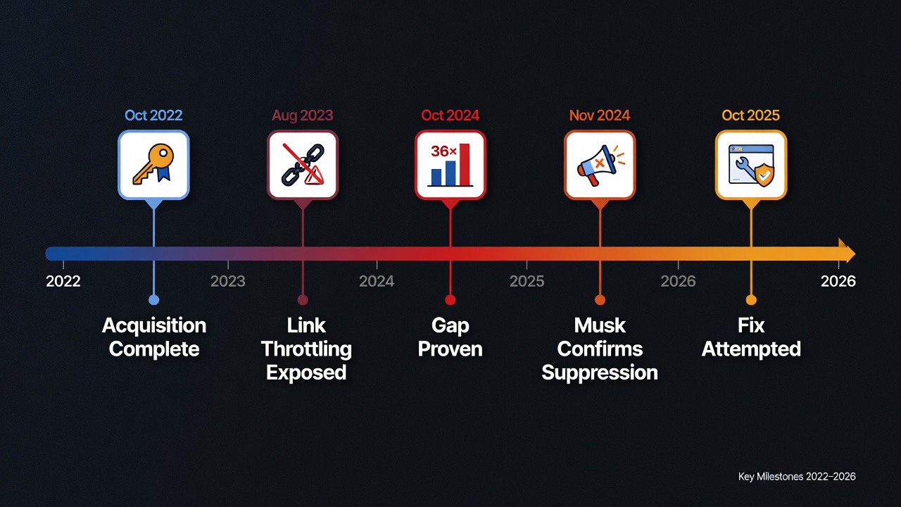 Timeline: X link suppression policy 2022 to 2026
