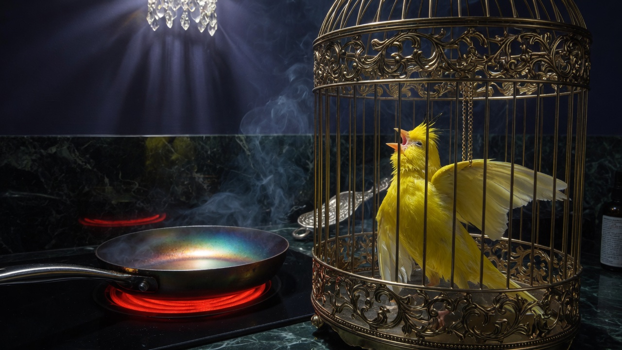 Bird in cage with warning about Teflon and aromatic dangers