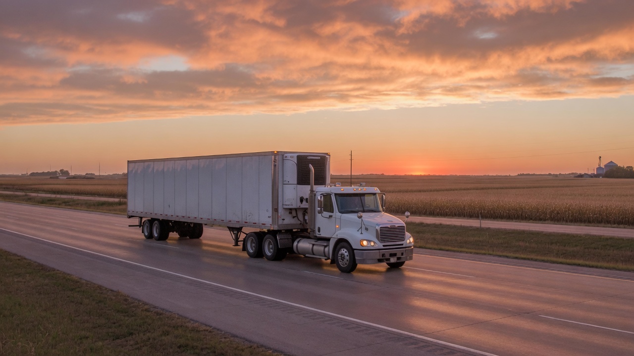 A long-haul refrigerated semi-truck on an empty American interstate at golden hour — the silent, relentless flow of the McDonald's supply chain run by Martin Brower.