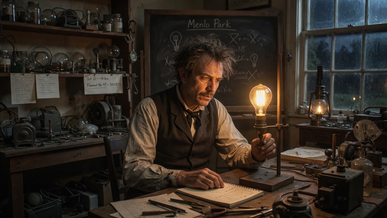 Thomas Edison alone at his lamp — the manufactured image of the lone inventor-wizard