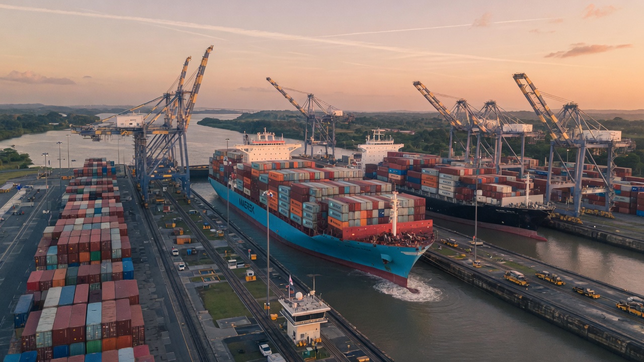 Aerial view of the Panama Canal at dawn — cranes, container ships, and the strategic chokepoint that Trump pulled back from Chinese influence.