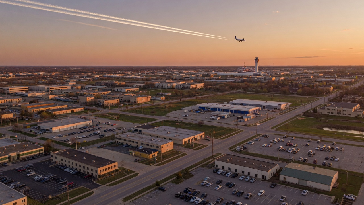 An aerial view of the unglamorous American business landscape — Rosemont, Illinois at golden hour. The geography of empire hides in plain sight.